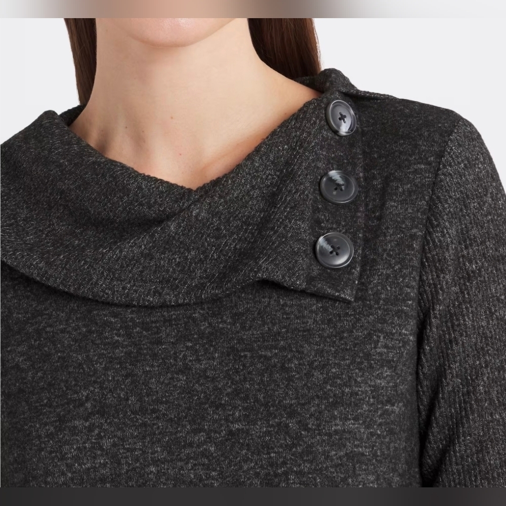 Fortune + Ivy, Kaavia Button Detail Brushed Knit Top, Dark Gray - Picture 2 of 4